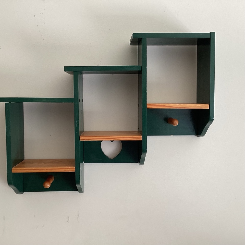 Vintage Green and Brown Wall Shelf with Heart Cutout and Pegs